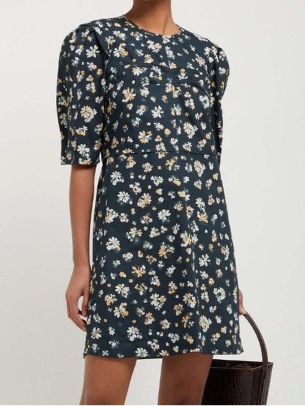 See by Chloé Dark Green Floral Puff-Sleeve Mini Dress size 40 cotton unlined